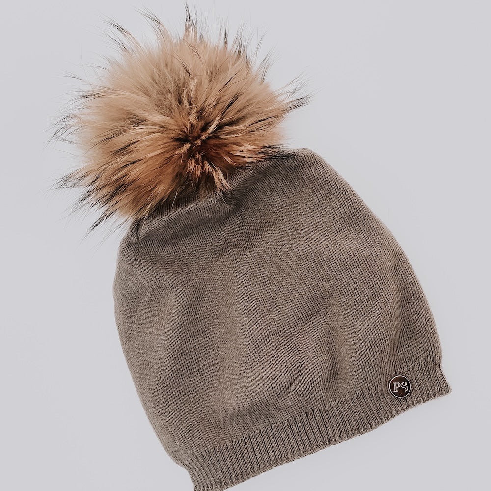 Fine Knit Angora Fur Pom Slouchy Beanie-Hat-Pretty Simple Wholesale