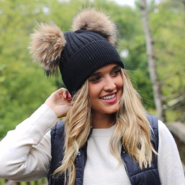 2 Tone Angora Knit Fur Pom Beanie - Pretty Simple Wholesale